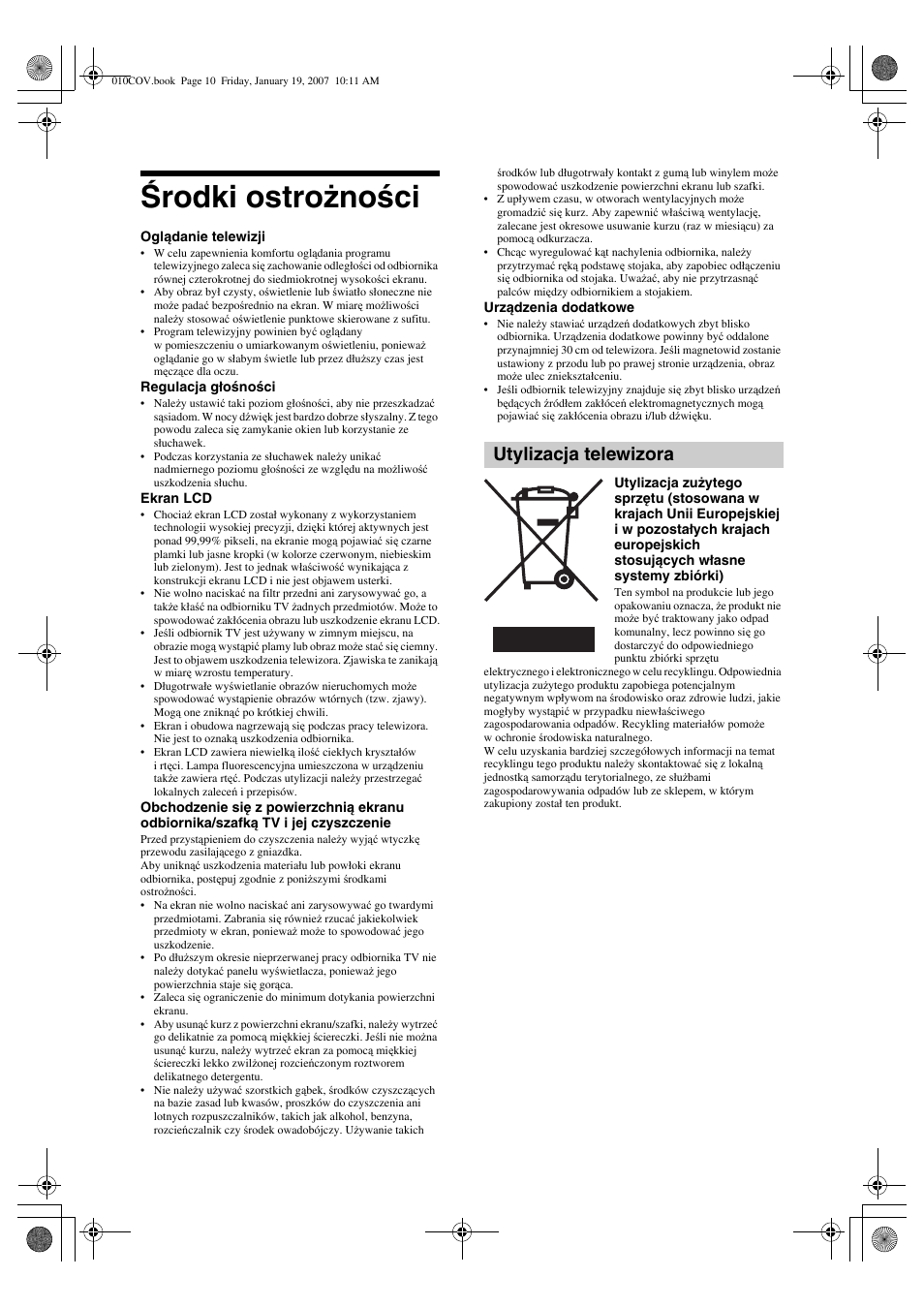 Środki ostrożności, Utylizacja telewizora | Sony BRAVIA KDL-26P25 User Manual | Page 64 / 83