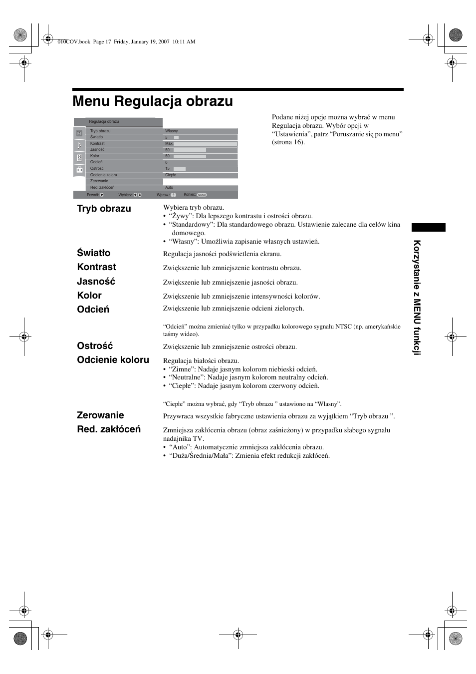 Menu regulacja obrazu, Tryb obrazu, Światło | Kontrast, Jasność, Kolor, Odcień, Ostrość, Odcienie koloru, Zerowanie | Sony BRAVIA KDL-26P25 User Manual | Page 71 / 83