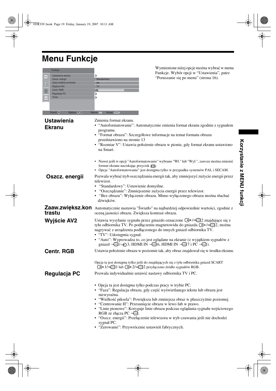 Menu funkcje, Ustawienia ekranu, Oszcz. energii | Zaaw.zwiększ.kon trastu, Wyjście av2, Centr. rgb, Regulacja pc, Korzystanie z menu funkcji | Sony BRAVIA KDL-26P25 User Manual | Page 73 / 83