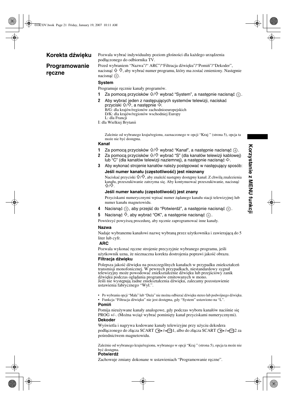 Korekta dźwięku, Programowanie ręczne | Sony BRAVIA KDL-26P25 User Manual | Page 75 / 83