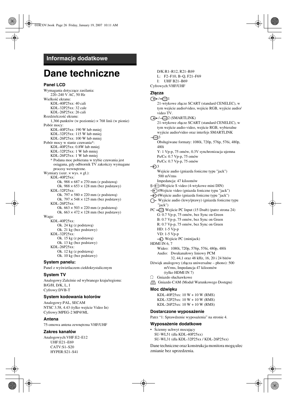 Dane techniczne, Informacje dodatkowe | Sony BRAVIA KDL-26P25 User Manual | Page 80 / 83