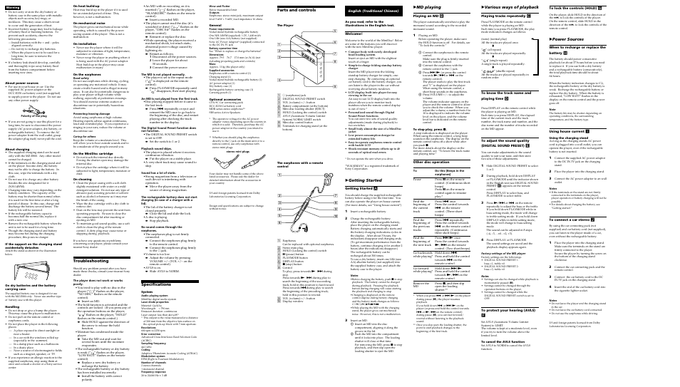Troubleshooting, Specifications, Parts and controls | Bgetting started, Bmd playing, Bvarious ways of playback, Bpower sources | Sony MZ-E800 User Manual | Page 2 / 2