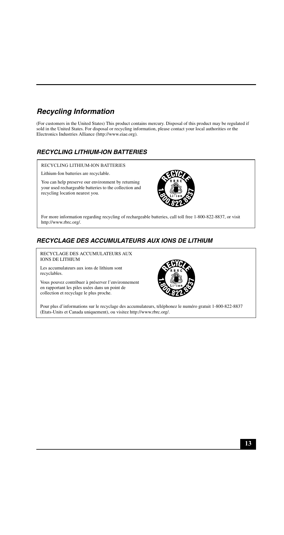 Recycling information | Sony VGN-C200 User Manual | Page 13 / 20