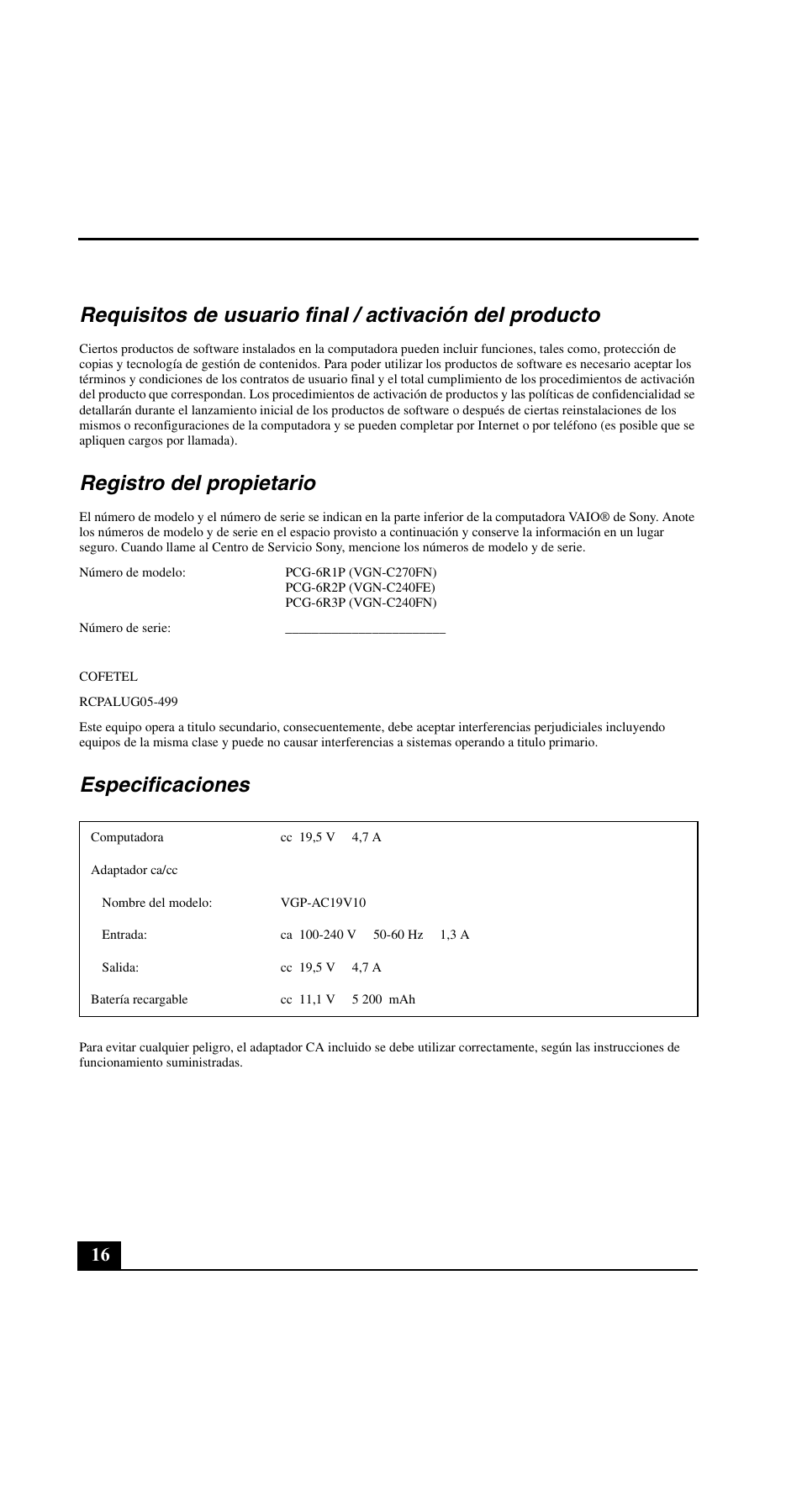 Registro del propietario, Especificaciones | Sony VGN-C200 User Manual | Page 16 / 20