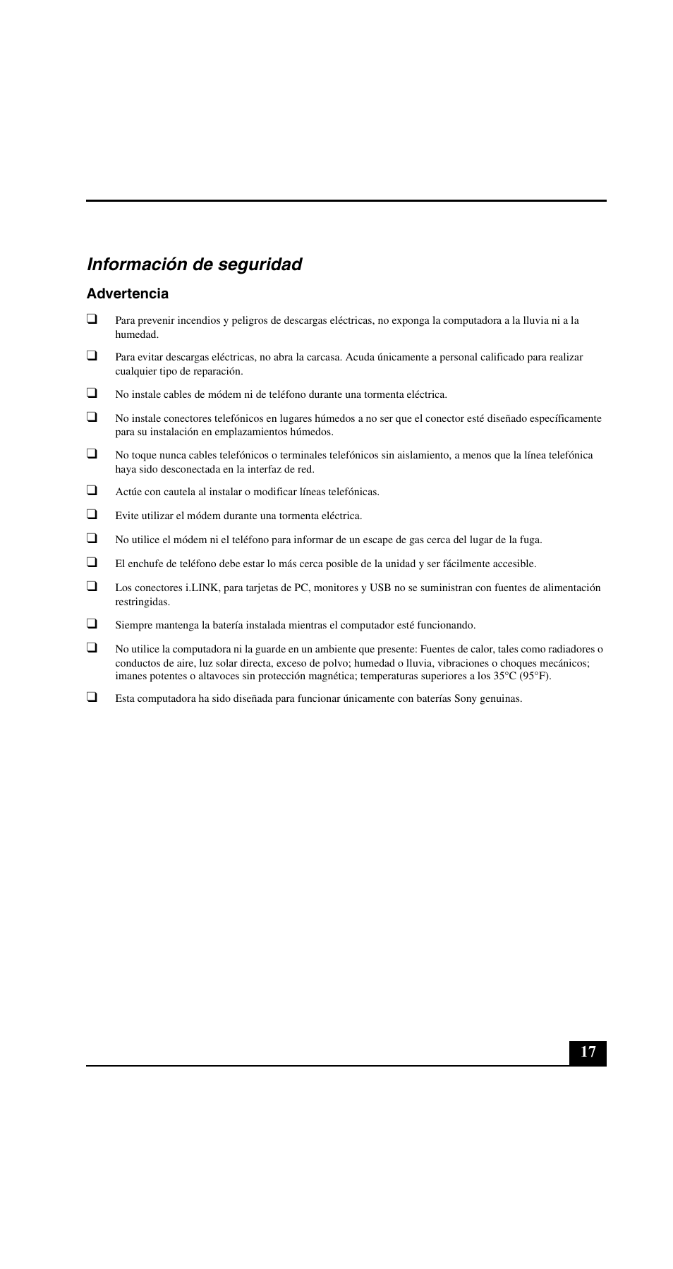Información de seguridad | Sony VGN-C200 User Manual | Page 17 / 20