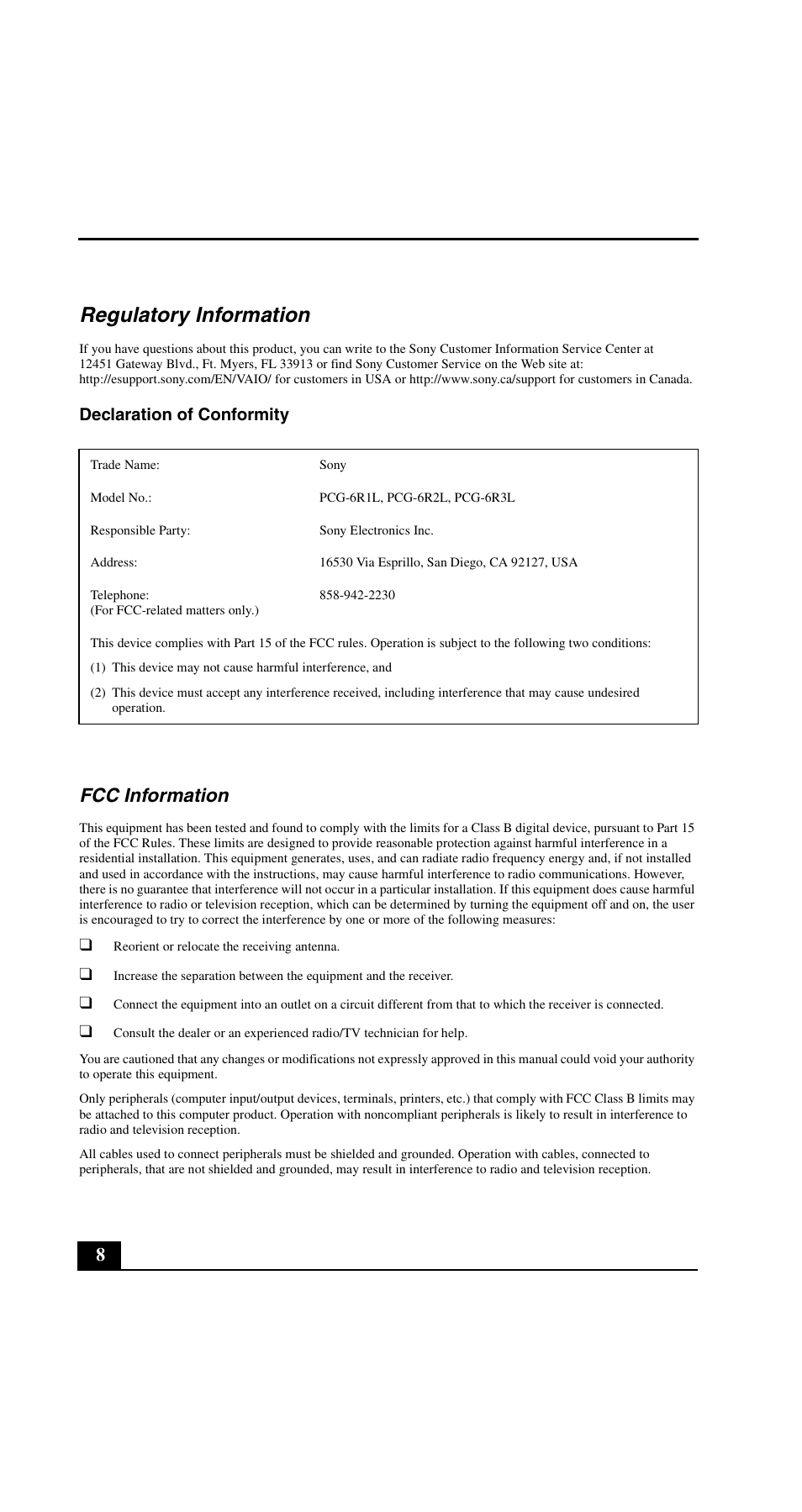 Regulatory information, Fcc information, Declaration of conformity | Sony VGN-C200 User Manual | Page 8 / 20