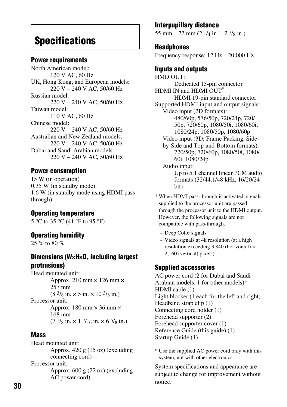 Specifications, E “supported hdmi input and output signals | Sony HMZ-T1 User Manual | Page 30 / 32