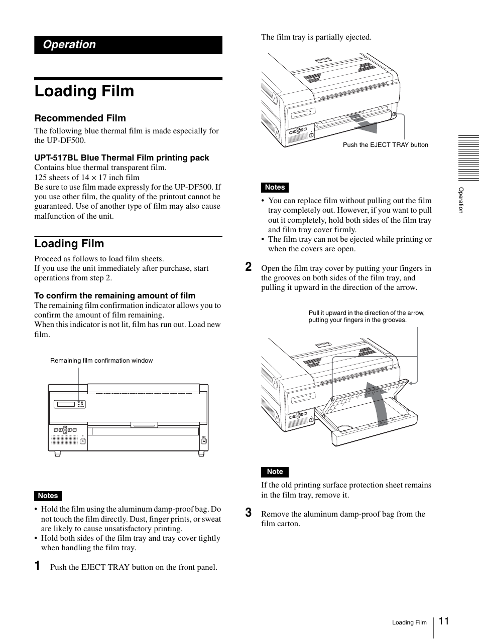 Operation, Loading film, N (11 | Sony UP-DF500 User Manual | Page 11 / 39