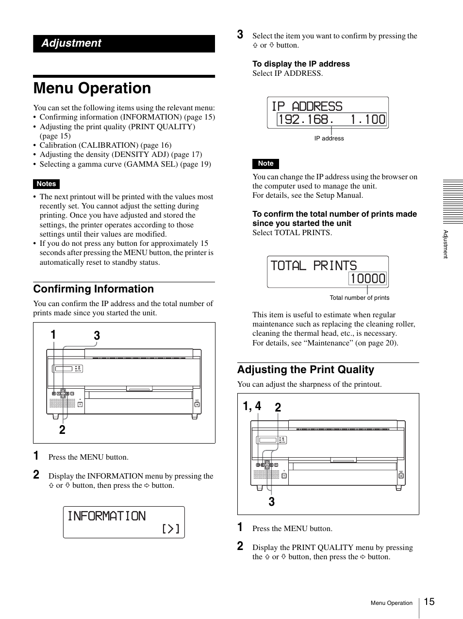 Adjustment, Menu operation, Confirming information | Adjusting the print quality, Confirming information adjusting the print quality | Sony UP-DF500 User Manual | Page 15 / 39