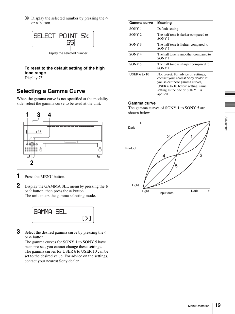 Selecting a gamma curve | Sony UP-DF500 User Manual | Page 19 / 39