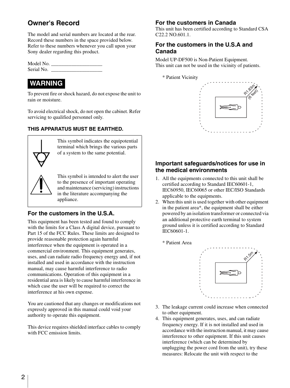 Owner's record, Warning | Sony UP-DF500 User Manual | Page 2 / 39