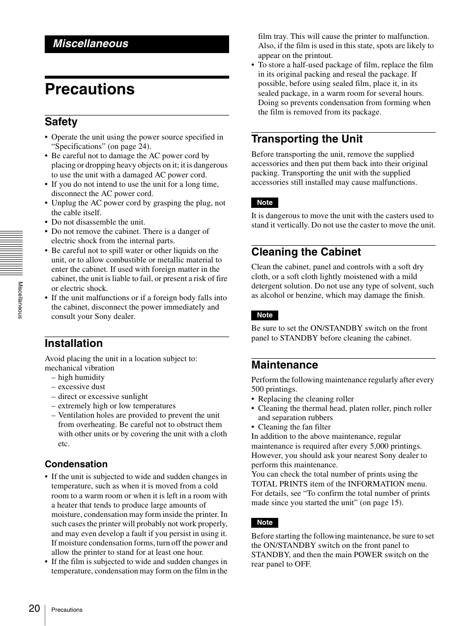 Miscellaneous, Precautions, Safety | Installation, Transporting the unit, Cleaning the cabinet, Maintenance | Sony UP-DF500 User Manual | Page 20 / 39