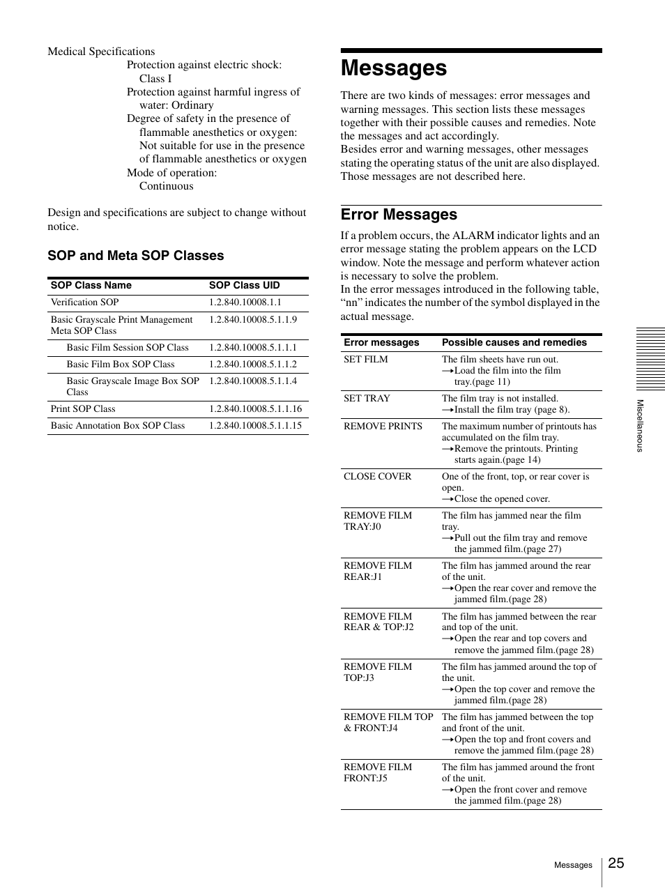 Messages, Error messages, Tor (25) | Sop and meta sop classes | Sony UP-DF500 User Manual | Page 25 / 39