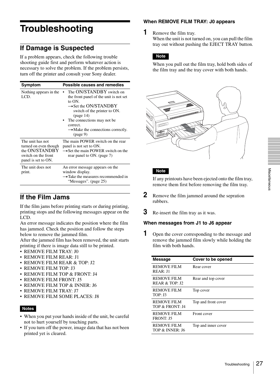 Troubleshooting, If damage is suspected, If the film jams | If damage is suspected if the film jams | Sony UP-DF500 User Manual | Page 27 / 39