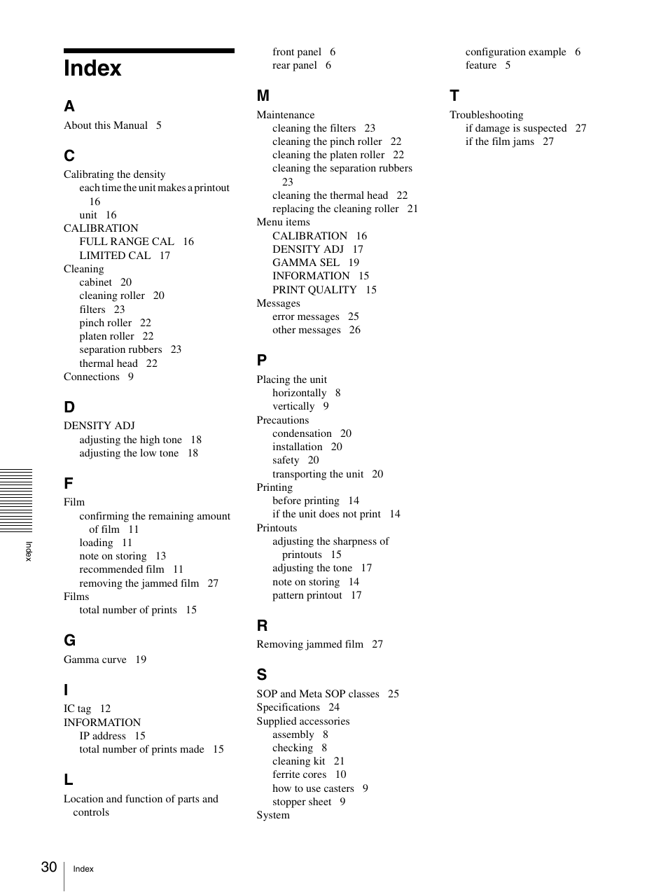 Index | Sony UP-DF500 User Manual | Page 30 / 39