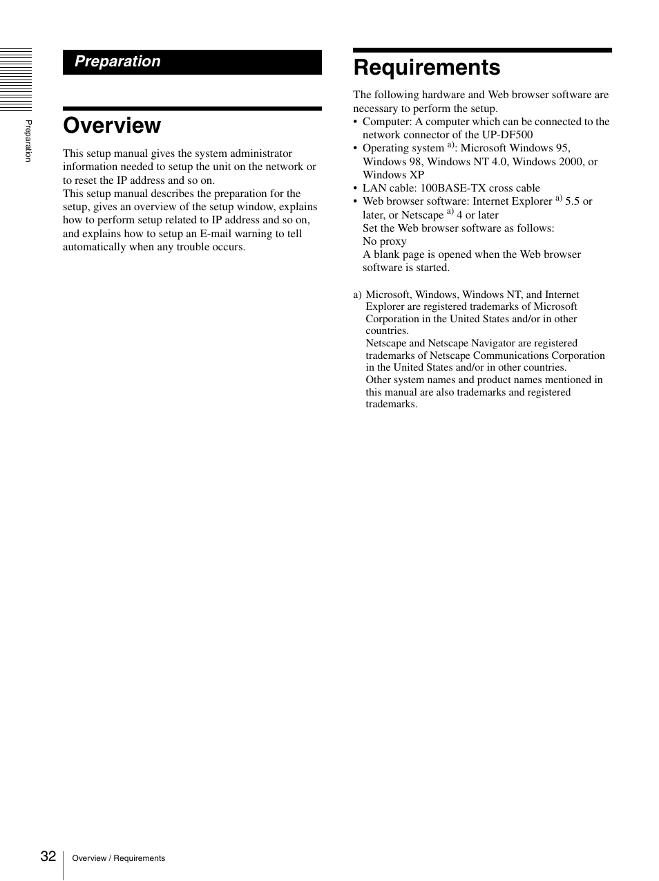 Preparation, Overview, Requirements | Overview requirements | Sony UP-DF500 User Manual | Page 32 / 39