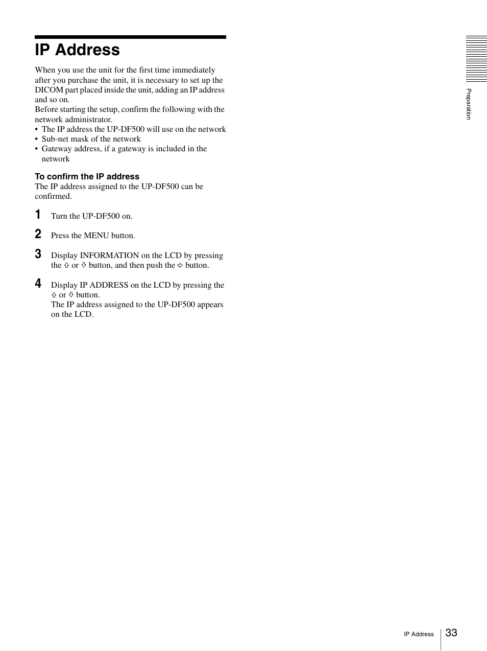 Ip address | Sony UP-DF500 User Manual | Page 33 / 39