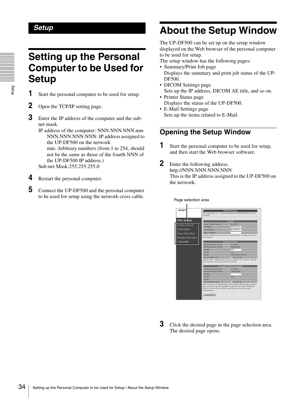Setup, About the setup window, Opening the setup window | Sony UP-DF500 User Manual | Page 34 / 39