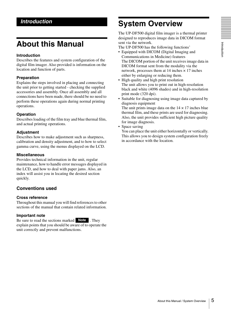 Introduction, About this manual, System overview | About this manual system overview | Sony UP-DF500 User Manual | Page 5 / 39