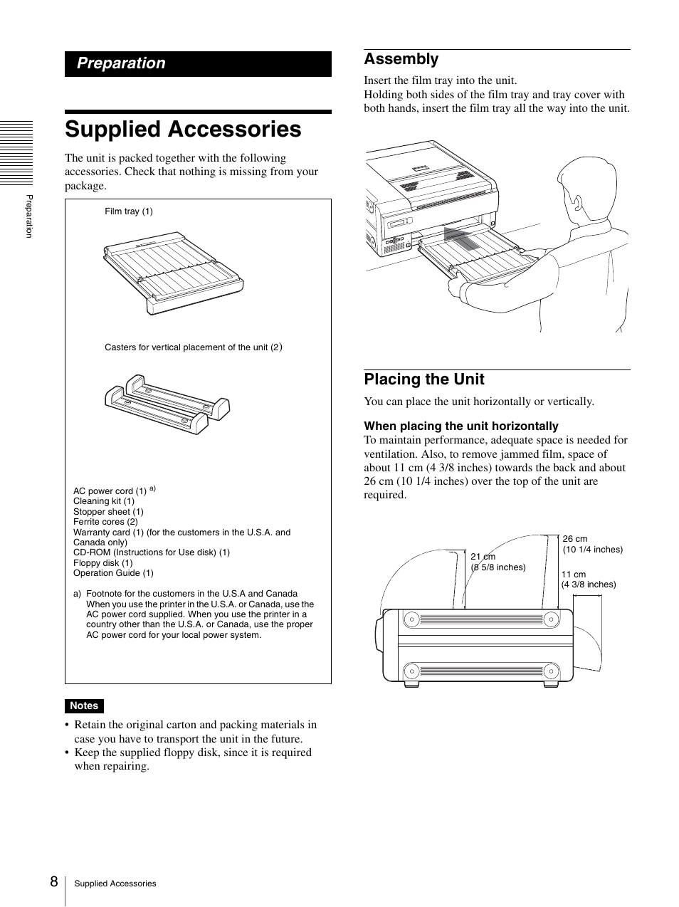 Preparation, Supplied accessories, Assembly | Placing the unit, Assembly placing the unit | Sony UP-DF500 User Manual | Page 8 / 39