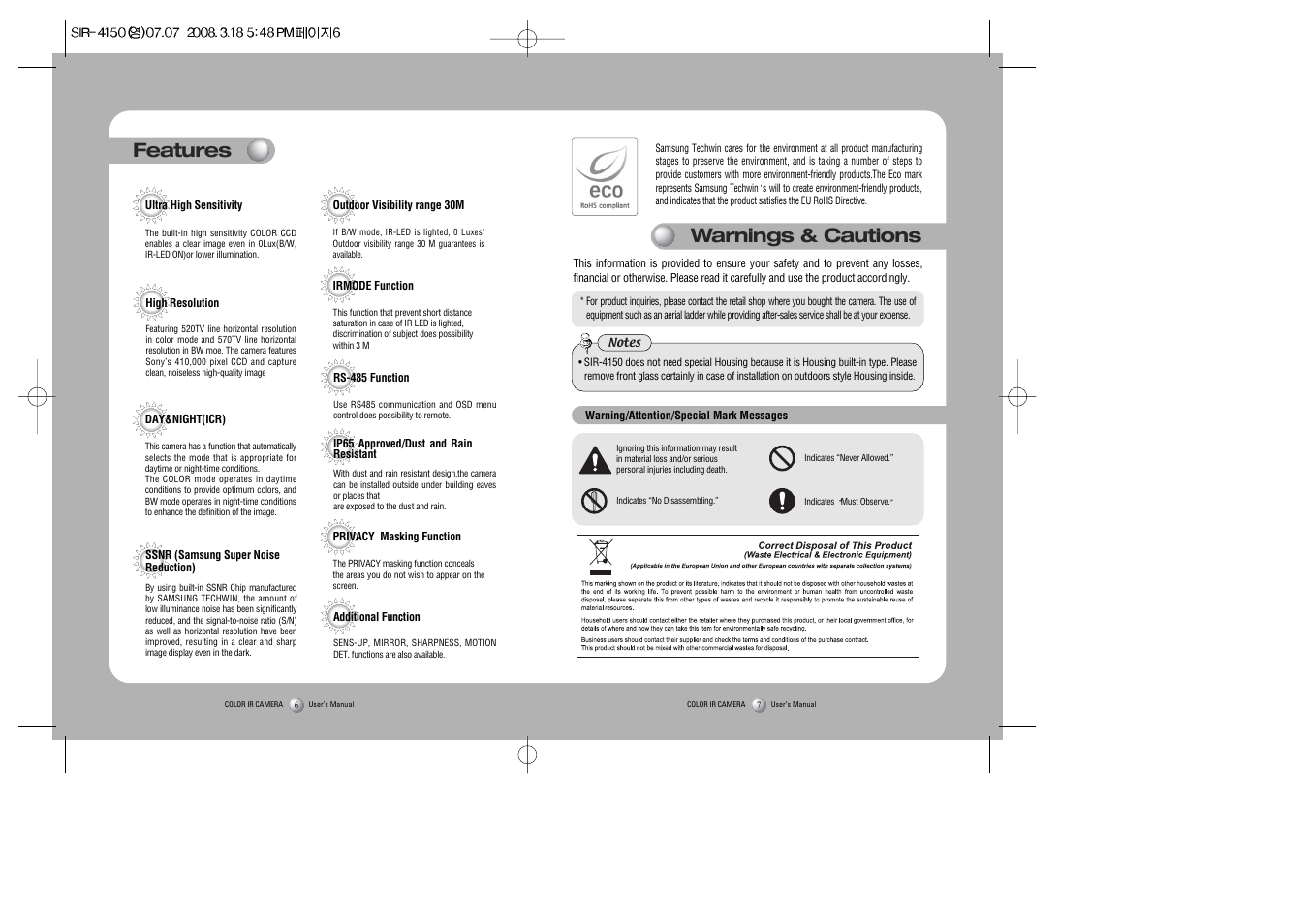 Features, Warnings & cautions | Sony SIR-4150 User Manual | Page 4 / 20