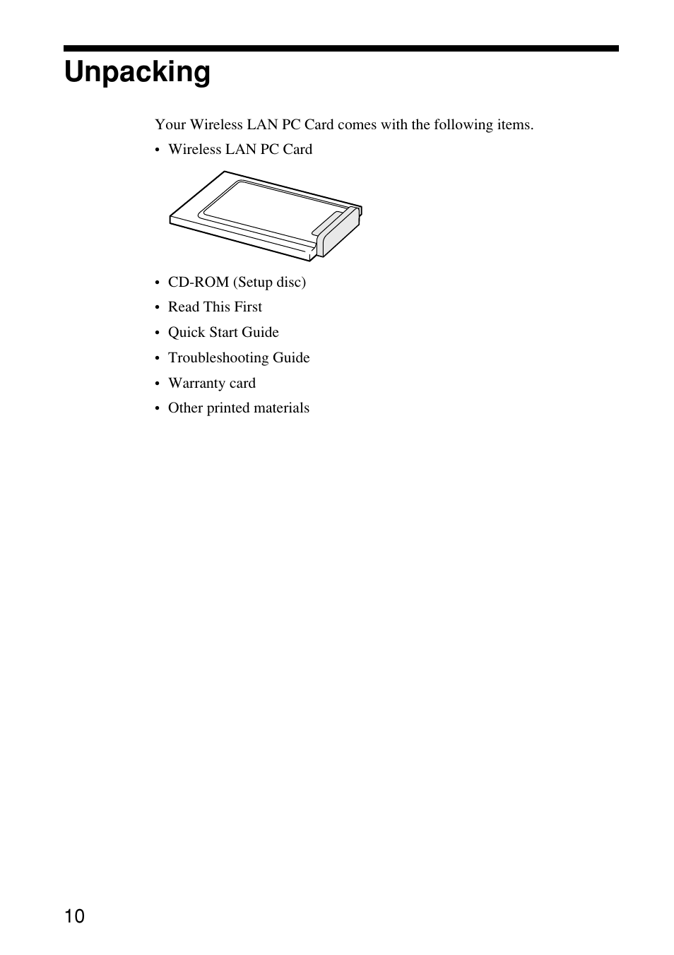 Getting started, Unpacking | Sony PCWA-C150S User Manual | Page 10 / 60