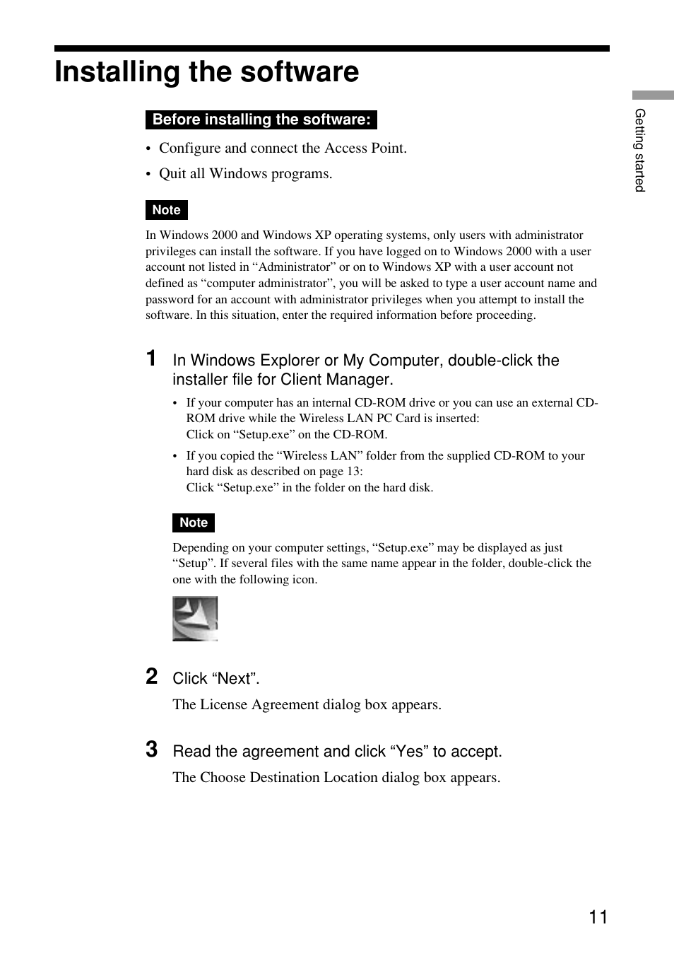 Installing the software | Sony PCWA-C150S User Manual | Page 11 / 60