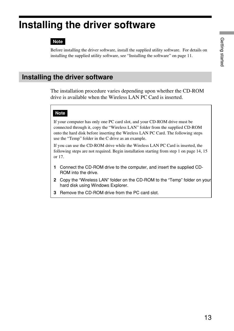 Installing the driver software | Sony PCWA-C150S User Manual | Page 13 / 60