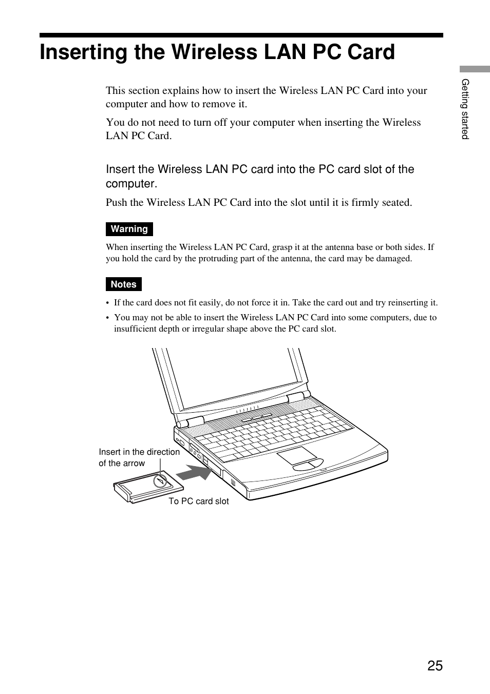 Inserting the wireless lan pc card | Sony PCWA-C150S User Manual | Page 25 / 60