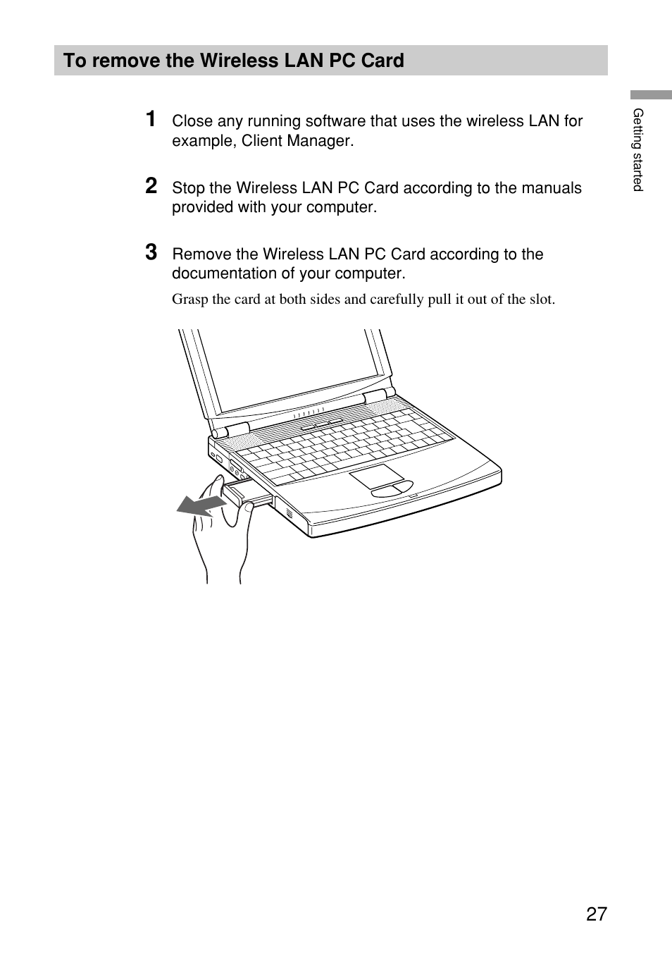 To remove the wireless lan pc card, To remove the, Wireless lan pc card | Sony PCWA-C150S User Manual | Page 27 / 60