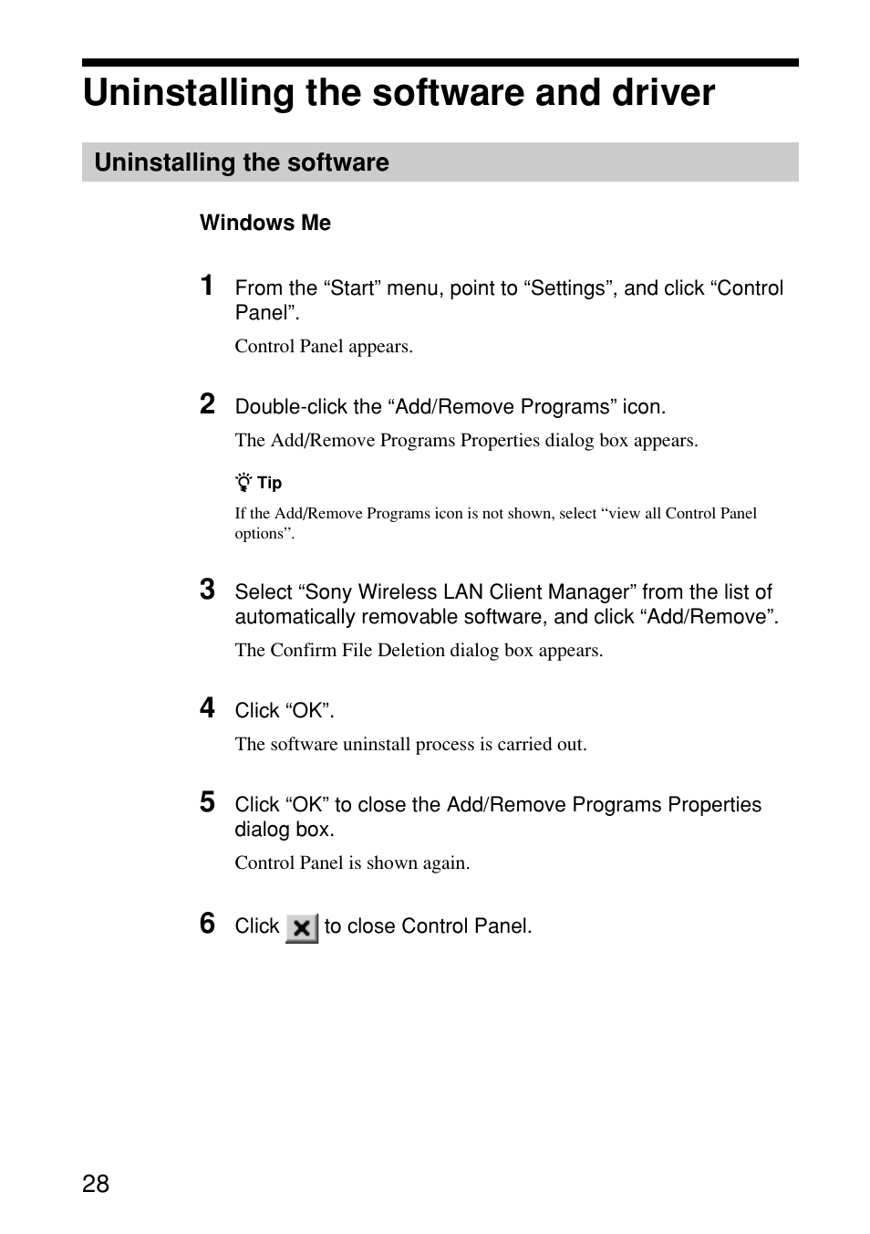 Uninstalling the software and driver, Uninstalling the software | Sony PCWA-C150S User Manual | Page 28 / 60