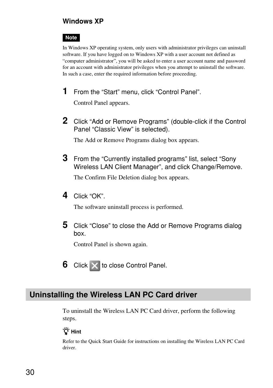 Uninstalling the wireless lan pc card driver, Uninstalling the wireless lan, Pc card driver | Sony PCWA-C150S User Manual | Page 30 / 60