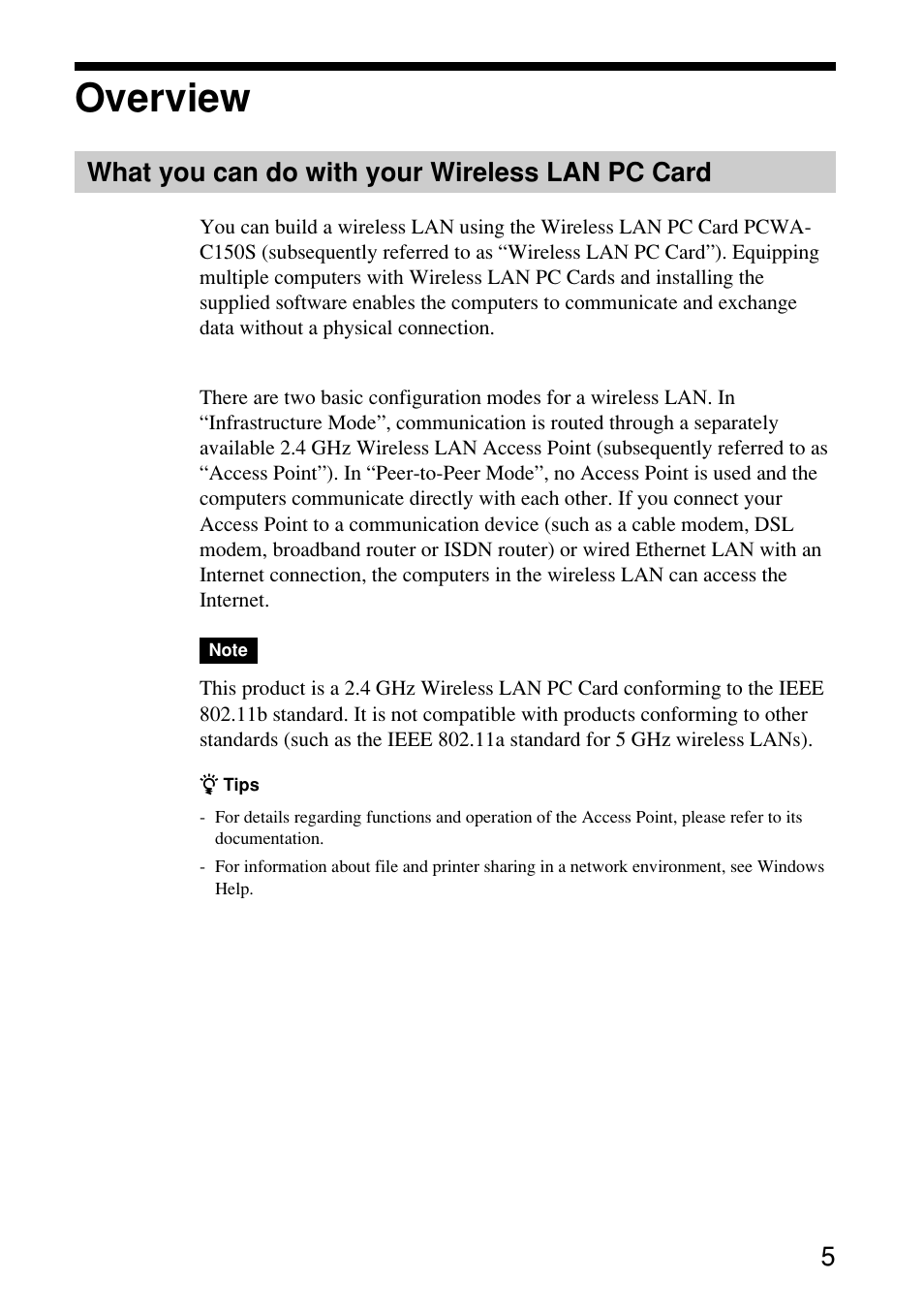 Overview, What you can do with your wireless lan pc card, What you can do with your | Wireless lan pc card | Sony PCWA-C150S User Manual | Page 5 / 60