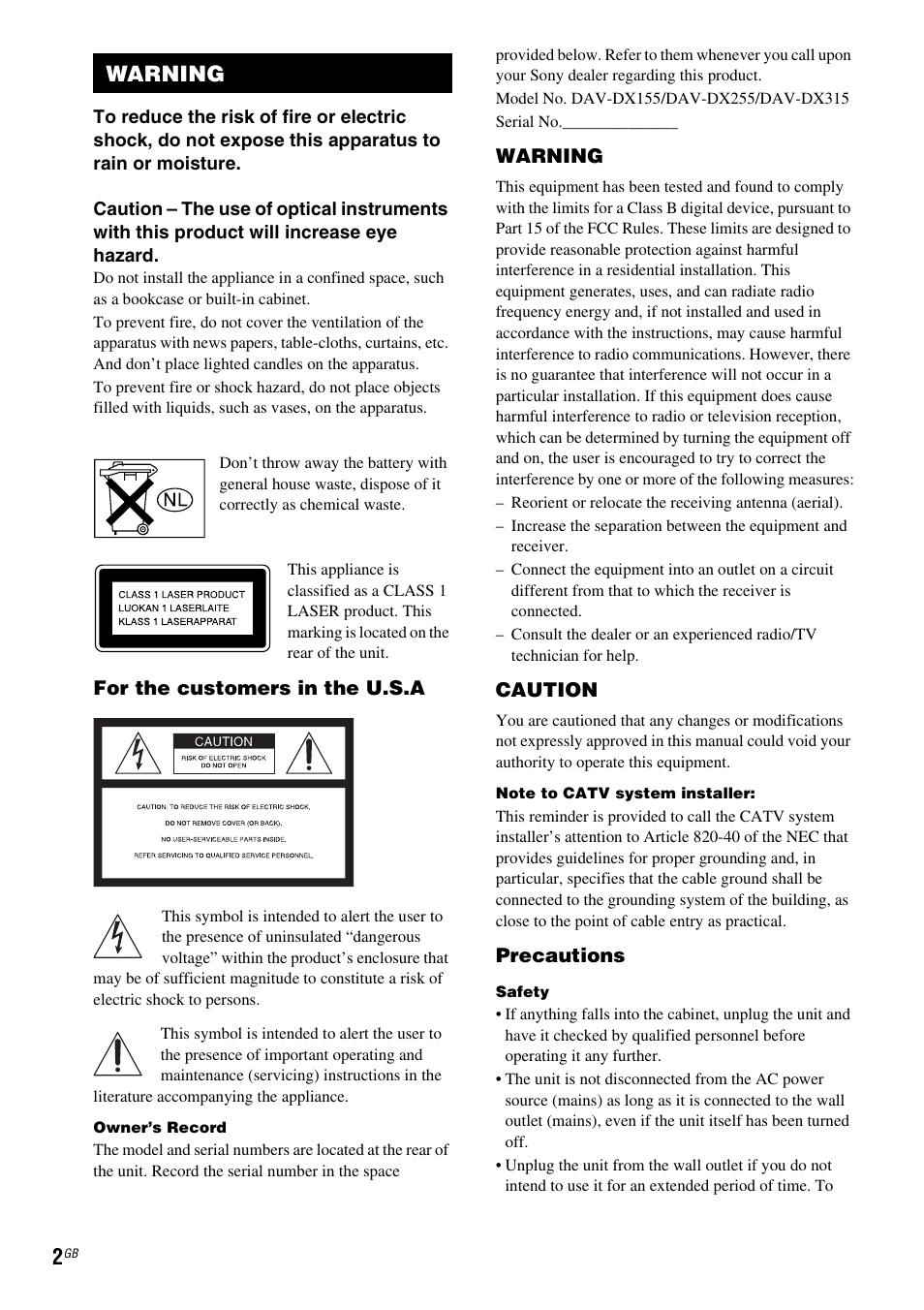 Warning | Sony DAV-DX255 User Manual | Page 2 / 100