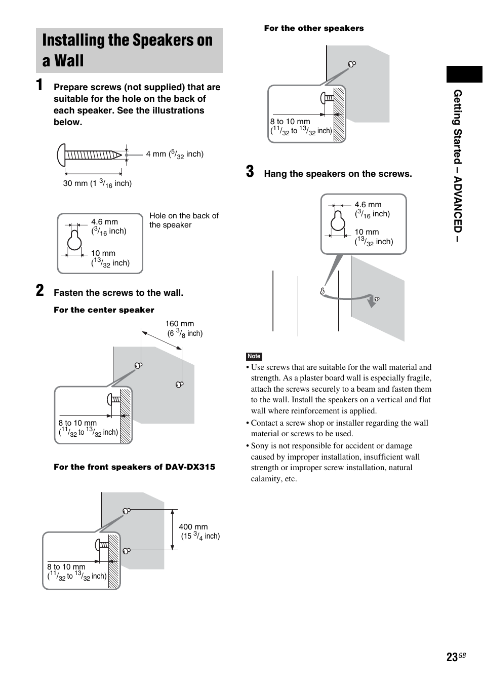 Installing the speakers on a wall, Getting star ted – ad v anced | Sony DAV-DX255 User Manual | Page 23 / 100