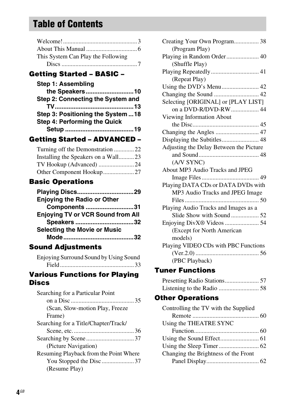 Sony DAV-DX255 User Manual | Page 4 / 100