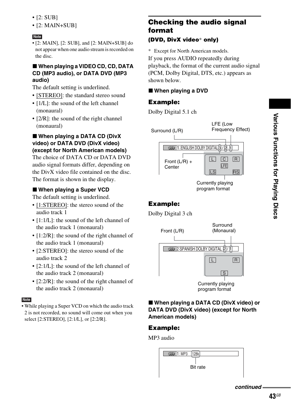 Checking the audio signal format | Sony DAV-DX255 User Manual | Page 43 / 100