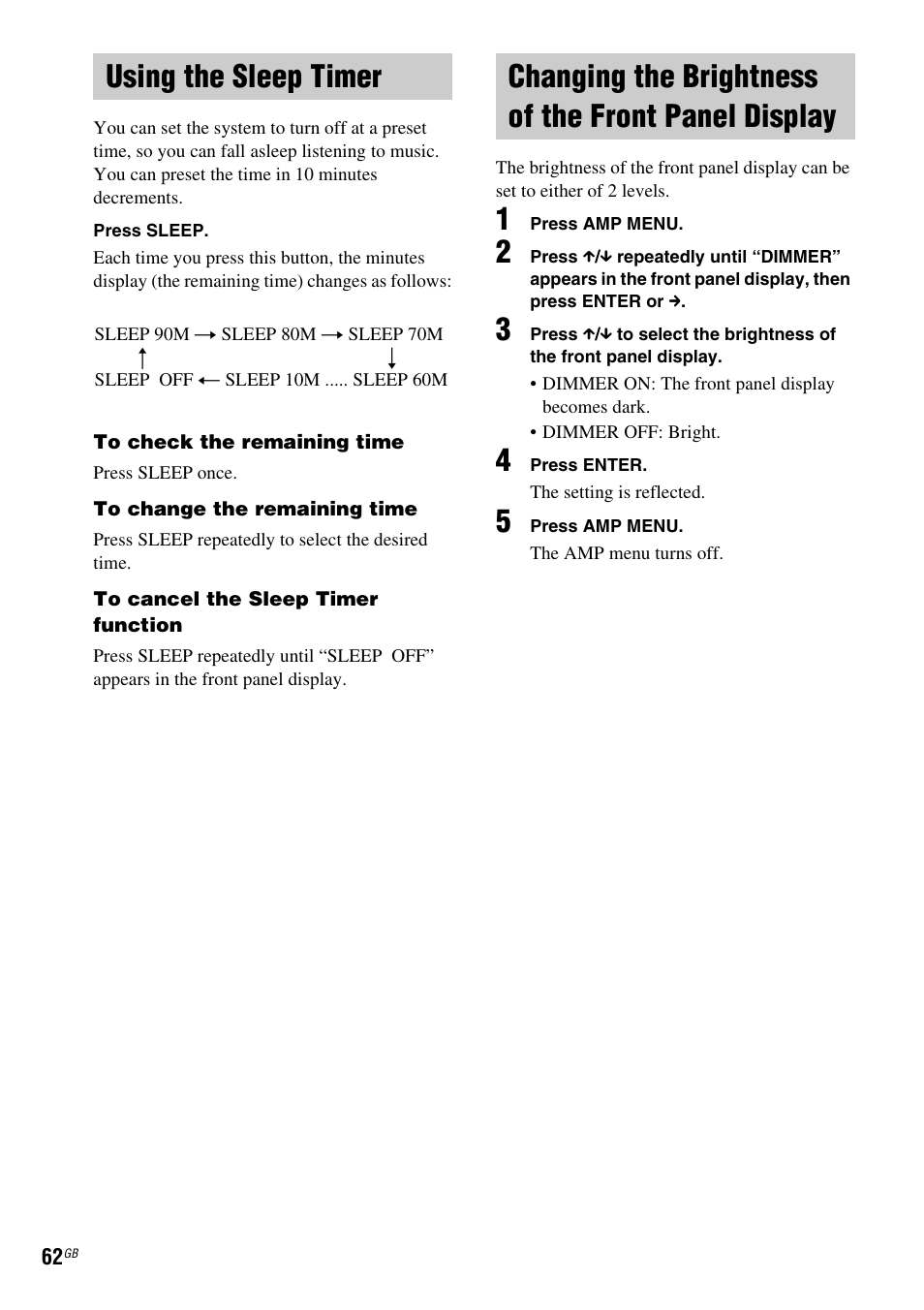 Using the sleep timer, Changing the brightness of the front panel display, Panel display | Sony DAV-DX255 User Manual | Page 62 / 100