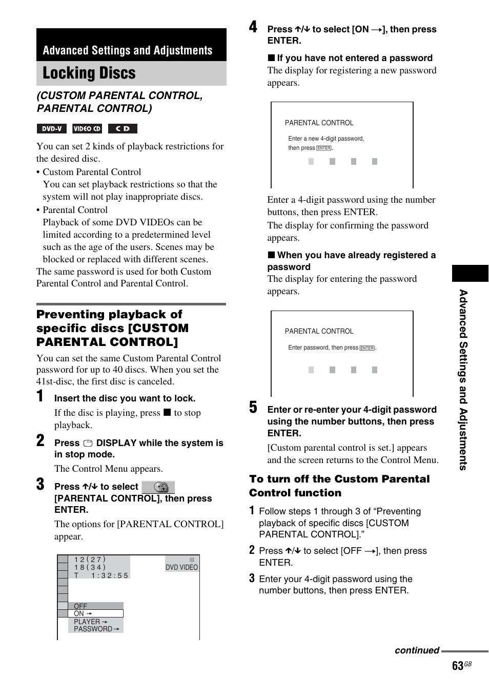 Advanced settings and adjustments, Locking discs, Custom parental control, parental control) | Sony DAV-DX255 User Manual | Page 63 / 100