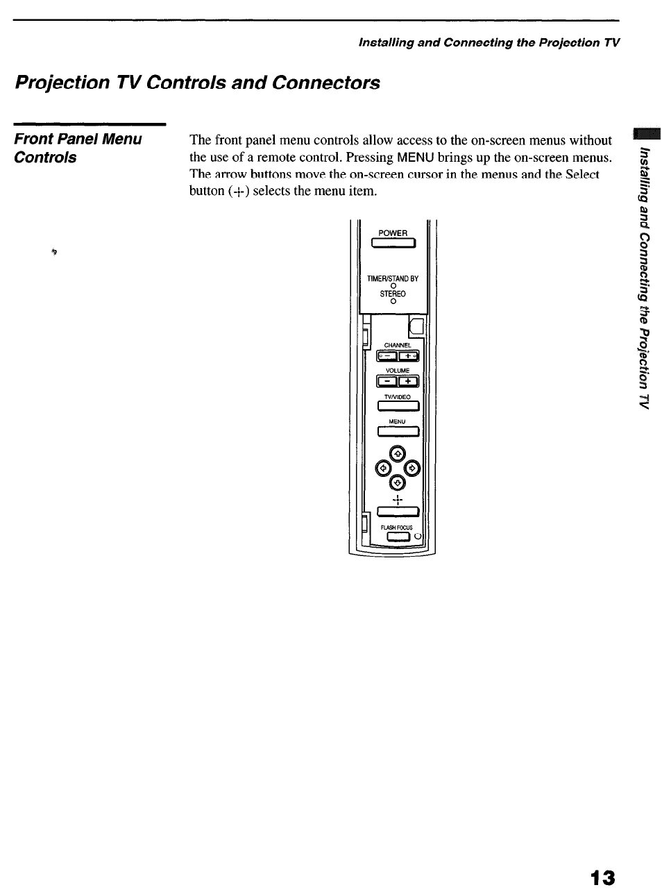 Projection tv controls and connectors | Sony KP-6lHS20 User Manual | Page 13 / 82