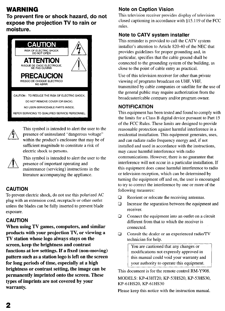 Caution, Attention, Precaucion | Warning, Notification | Sony KP-6lHS20 User Manual | Page 2 / 82