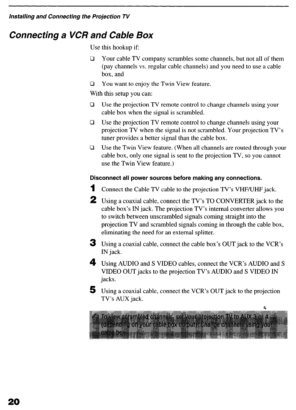 Connecting a vcr and cable box | Sony KP-6lHS20 User Manual | Page 20 / 82