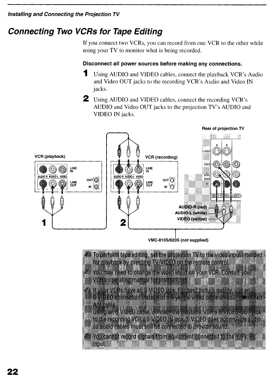 Connecting two vcrs for tape editing | Sony KP-6lHS20 User Manual | Page 22 / 82