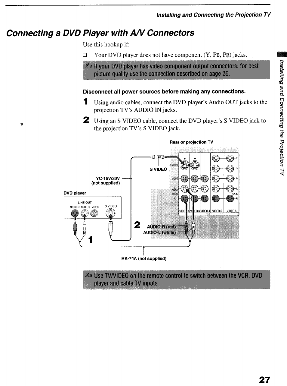 Connecting a dvd player with a/v connectors | Sony KP-6lHS20 User Manual | Page 27 / 82