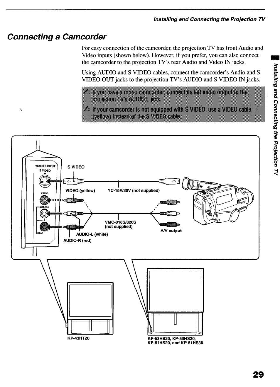 Connecting a camcorder | Sony KP-6lHS20 User Manual | Page 29 / 82