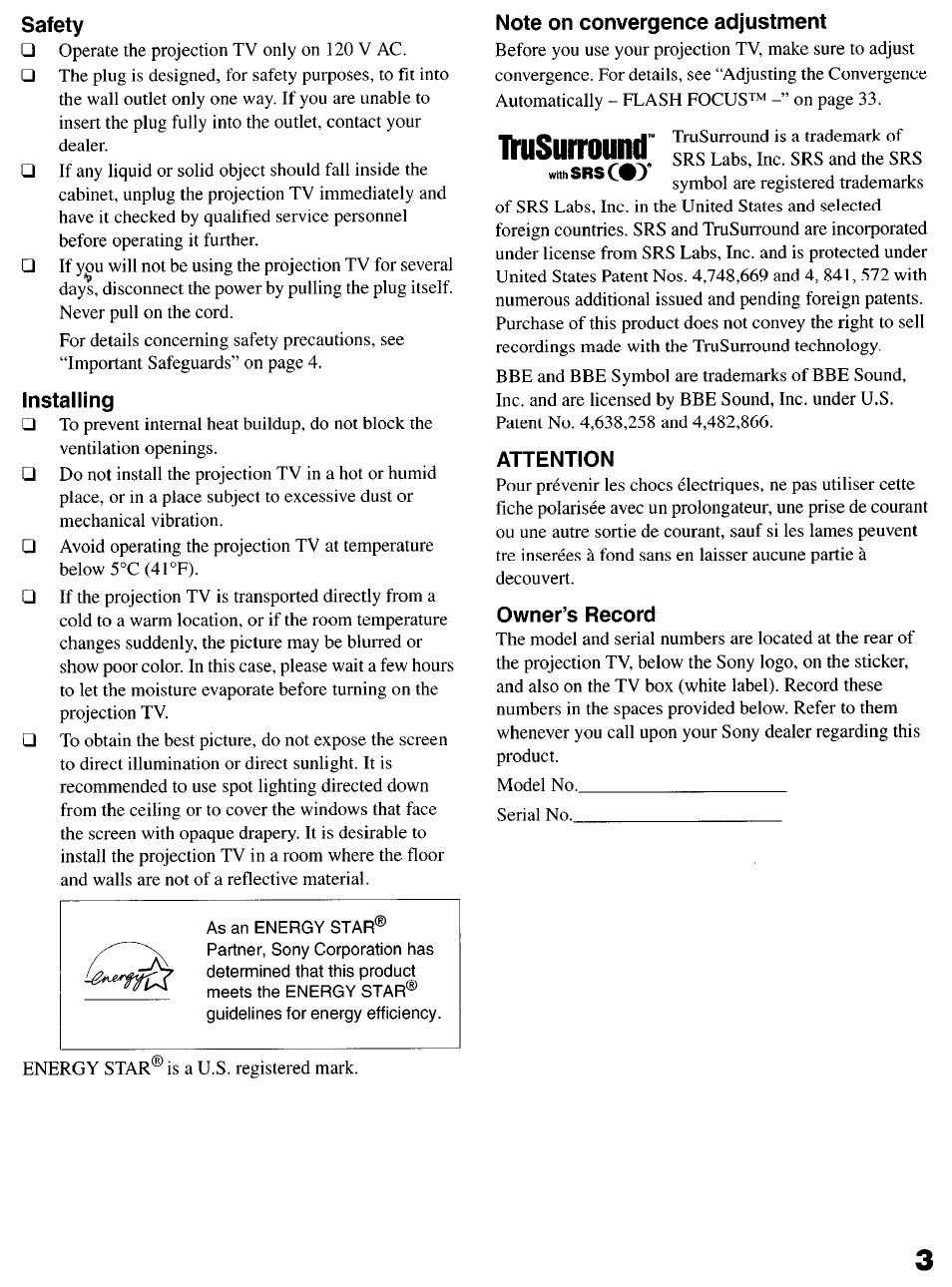 Ïïusurround, Safety, Installing | Attention, Owner’s record | Sony KP-6lHS20 User Manual | Page 3 / 82