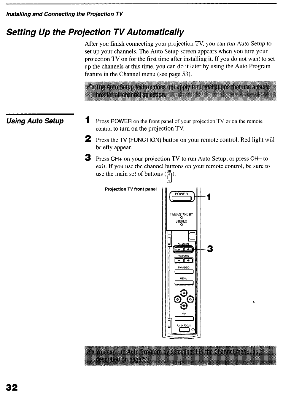 Setting up the projection tv automaticaiiy, Setting up the projection tv automatically | Sony KP-6lHS20 User Manual | Page 32 / 82