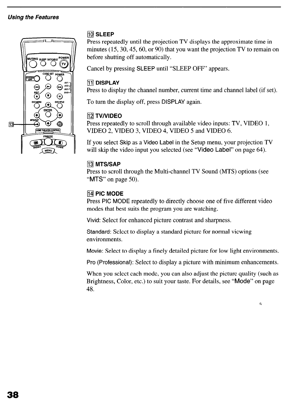 01 sleep, 03 display, 01 tv/video | 01 mts/sap, 03 pic mode | Sony KP-6lHS20 User Manual | Page 38 / 82