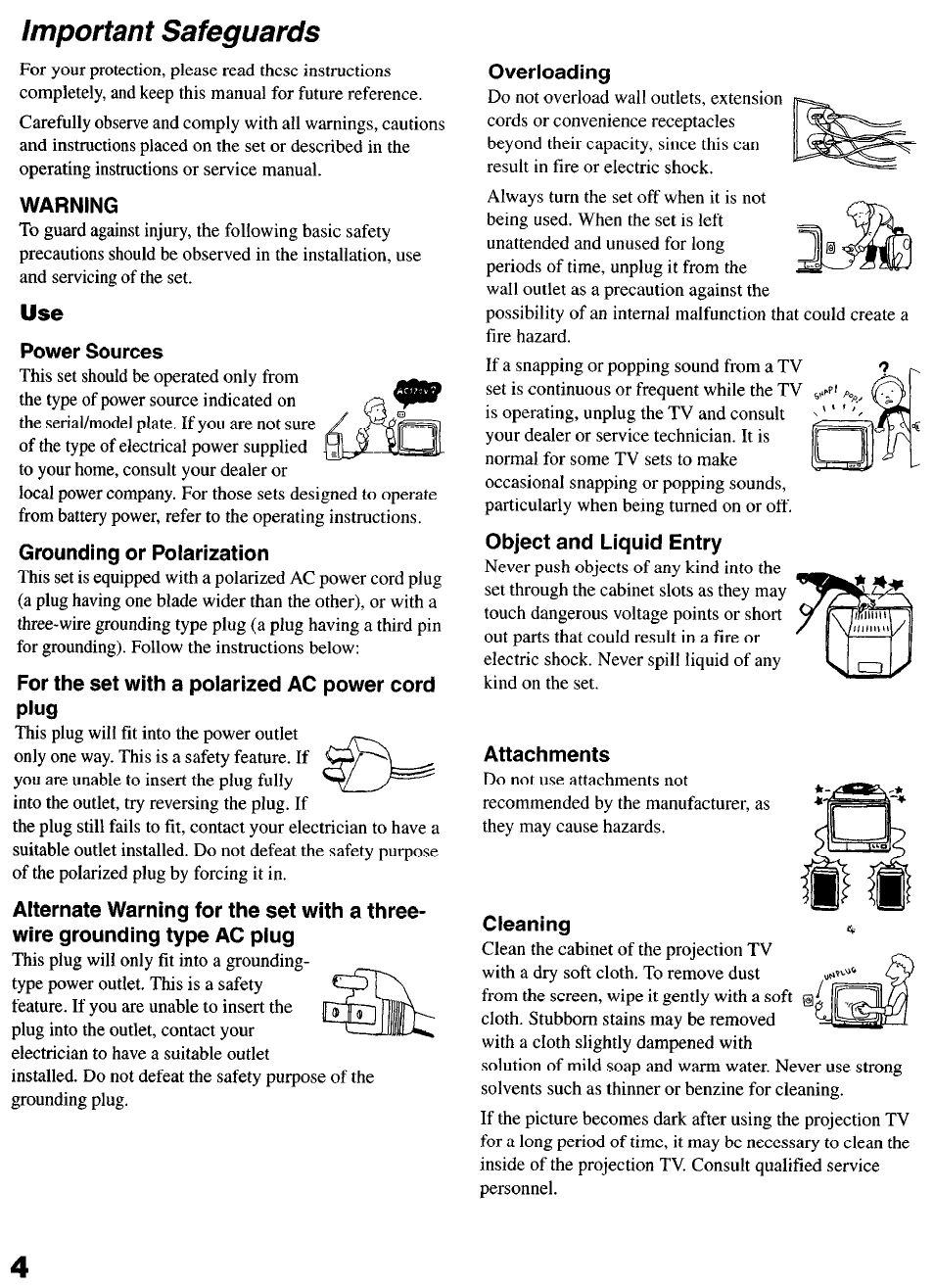 Important safeguards, Warning, Power sources | Grounding or polarization, For the set with a polarized ac power cord plug, Overloading, Object and liquid entry, Attachments, Cleaning | Sony KP-6lHS20 User Manual | Page 4 / 82