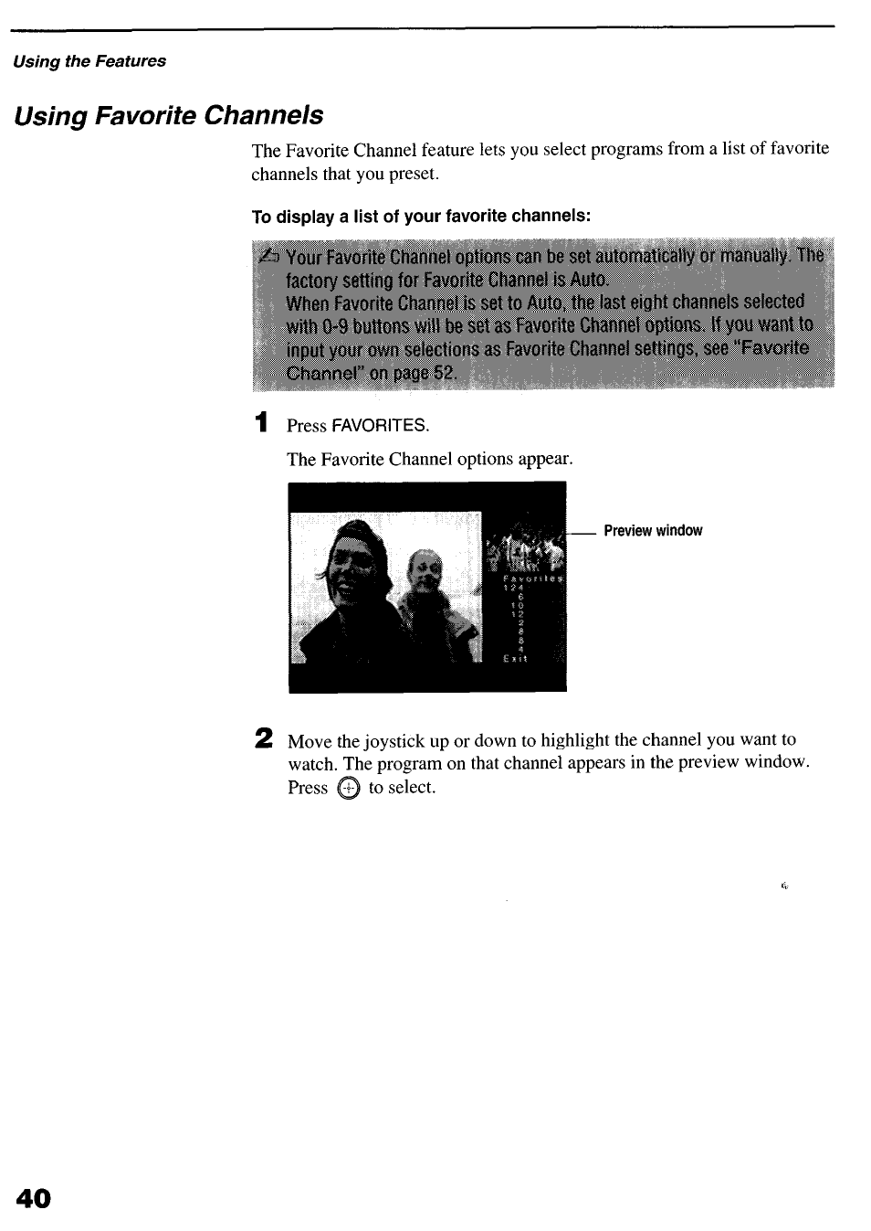 Using favorite channels | Sony KP-6lHS20 User Manual | Page 40 / 82